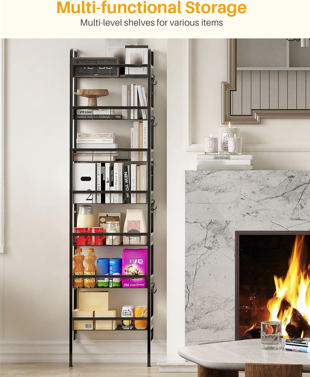7 Tier Metal Tall Narrow Storage Shelf with Hooks