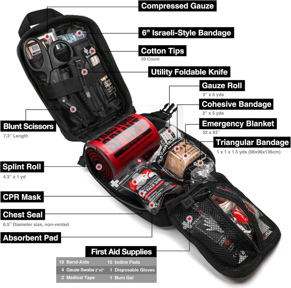 Survival First Aid Kit with Israeli-Style Bandage, Splint, Chest Seal for Tac...