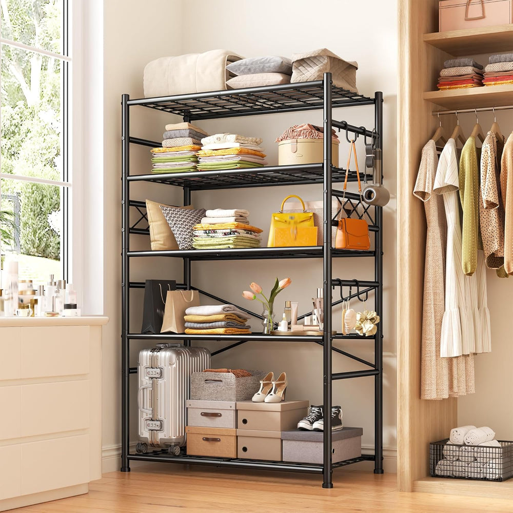 DurayLoly Heavy Duty 5-Tier 1000LBS Metal Shelving with 4 Side Hooks, Black