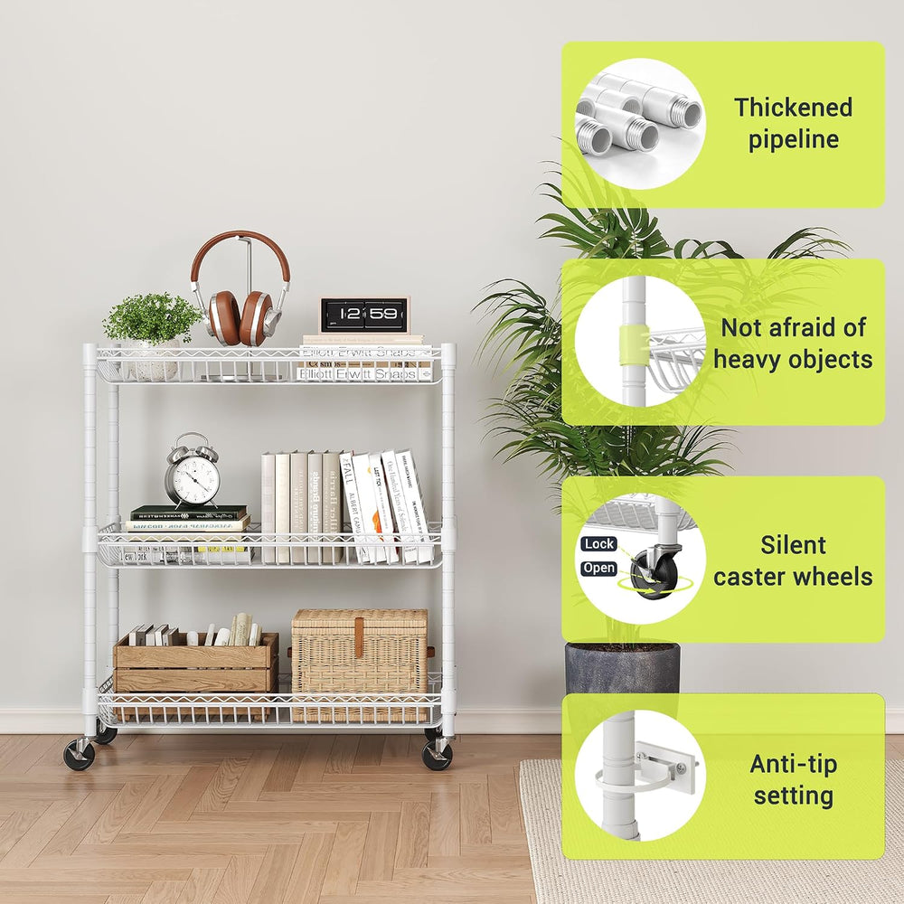 3-Tier Rolling Storage Shelves with Wire Baskets,30 x 13.5 x 30in