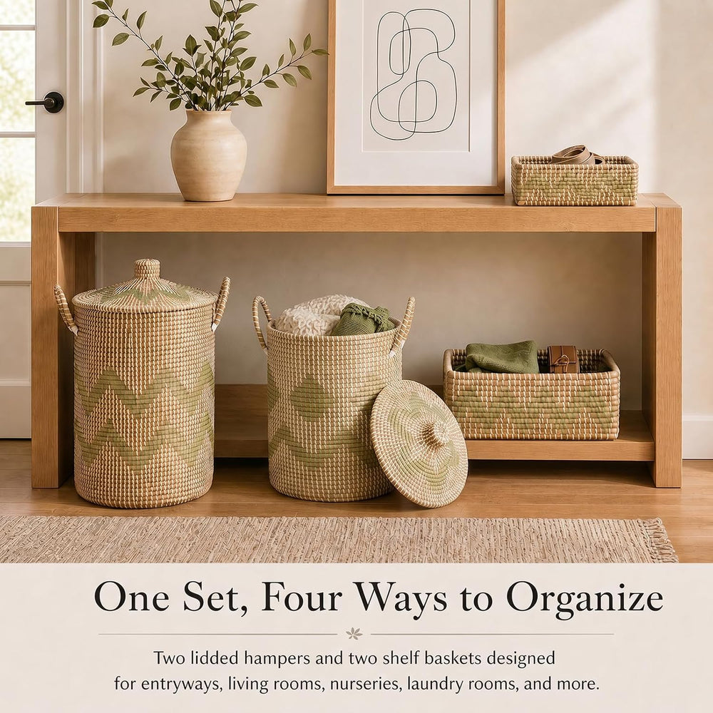 Sea Grass Storage Basket Set of 4, Handwoven Wicker Storage Organizer, Includ...