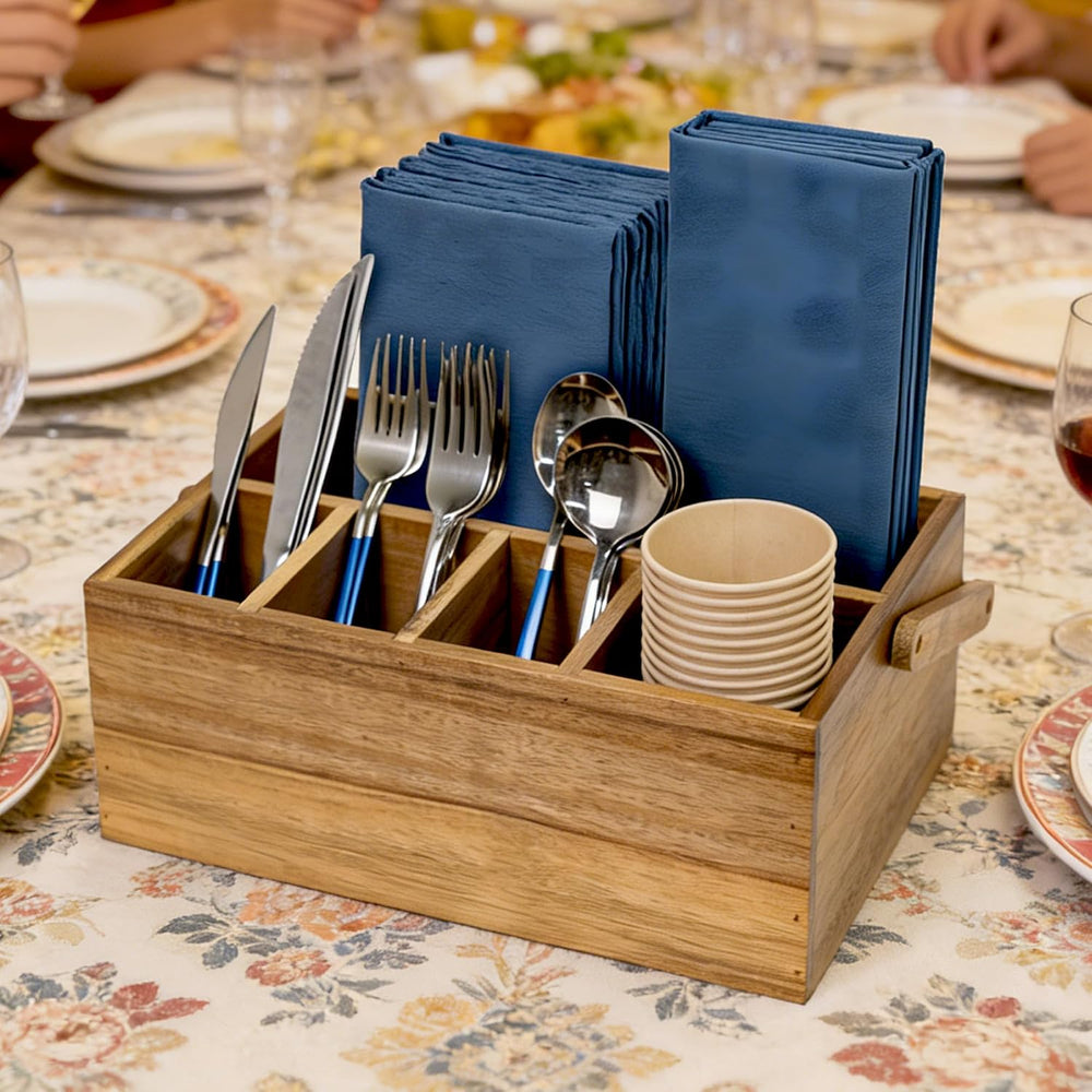 VaeFae Acacia Silverware Caddy, Utensil Holder with Handle, Large
