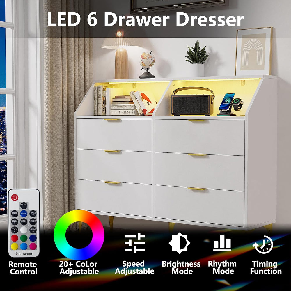 LOUVIXA 6 Drawer Dresser with LED Light, Chest of Drawers with Charging Stati...