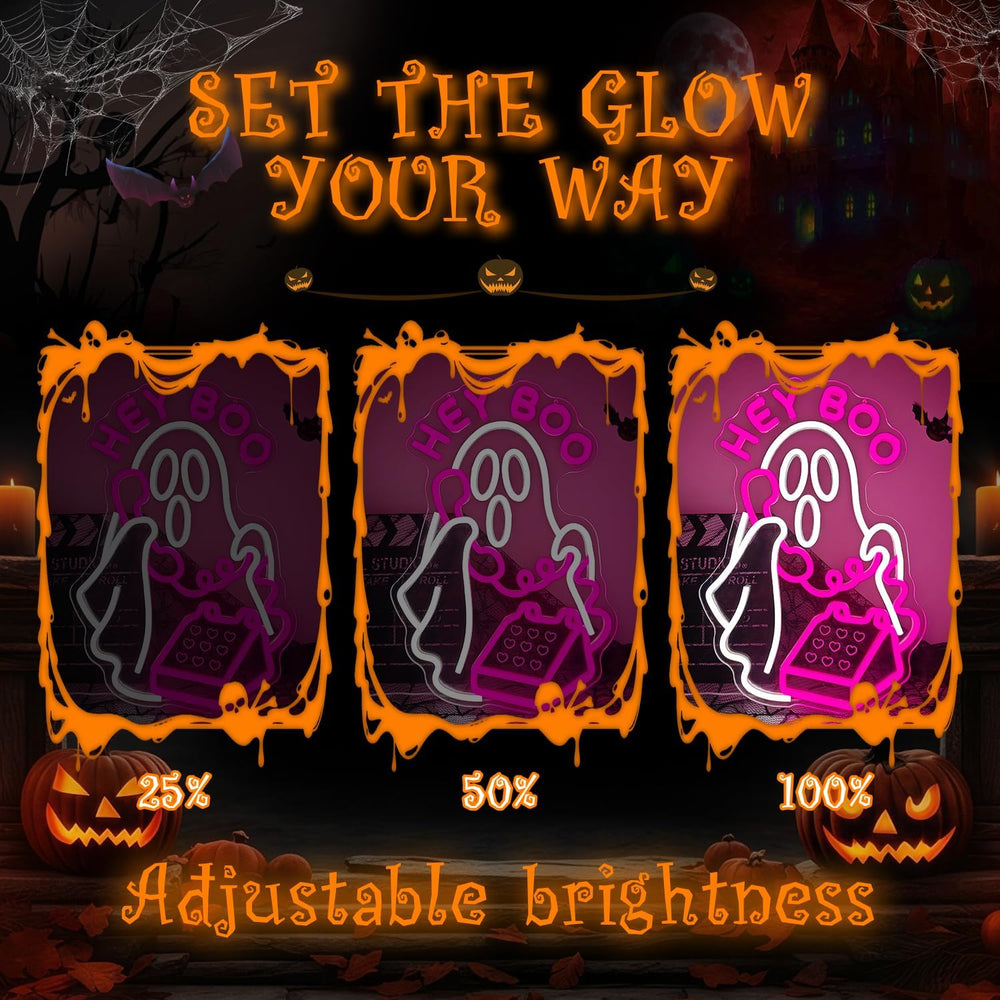 Hey Boo Halloween Neon Sign for Wall Decor Ghost Led Neon Sign Dimmable