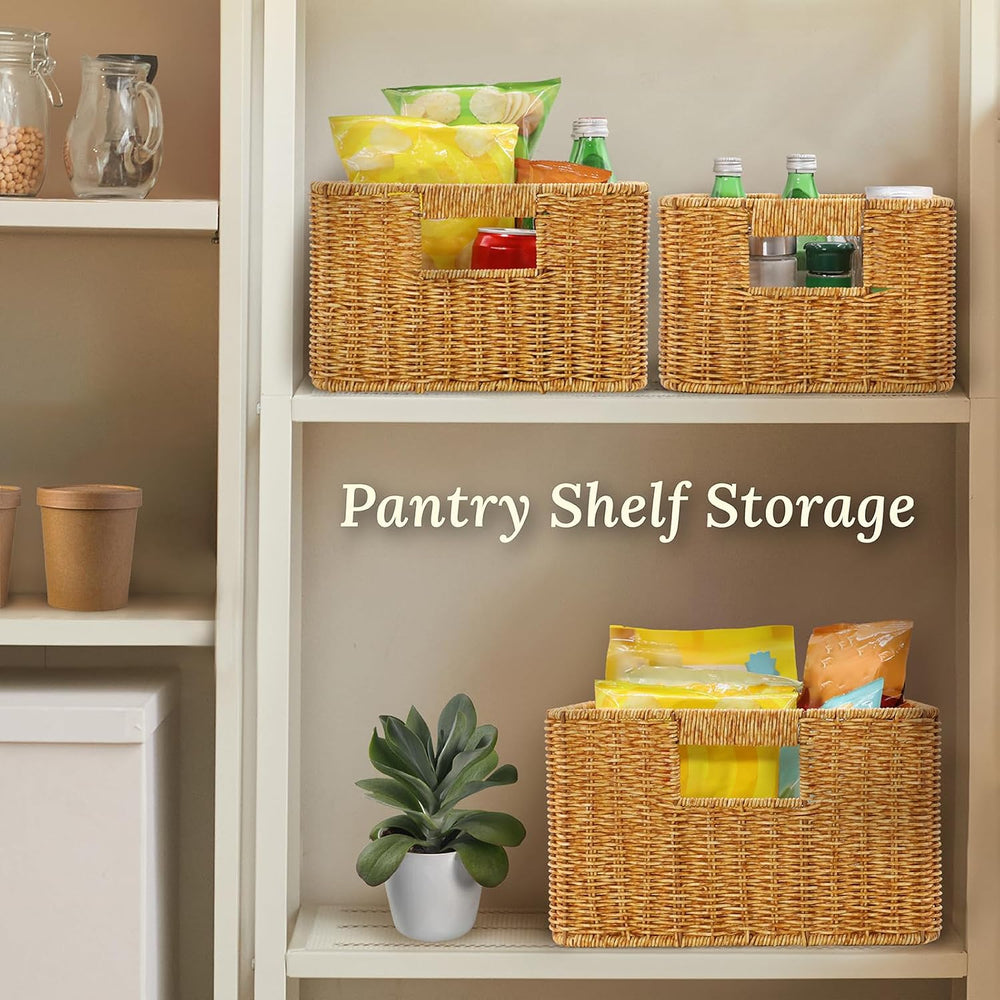WeeNest Baskets with Handles, Wicker Storage, Set of 3, Amber