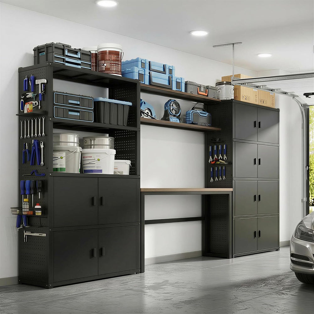 FLEXIMOUNTS Garage Storage Cabinet System with Workbench & Pegboard, White