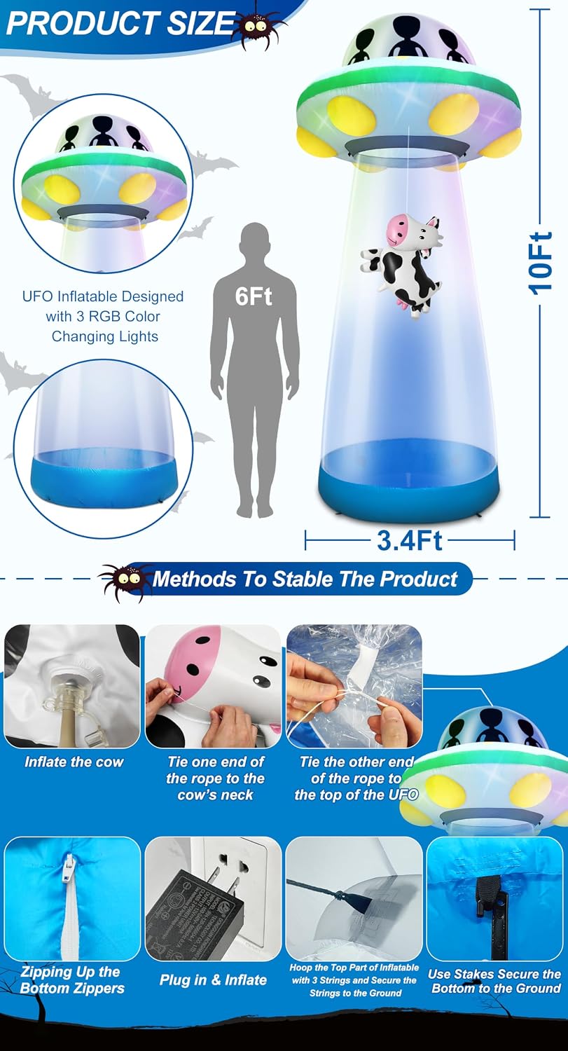10 Ft Tall Halloween Inflatable UFO with Floating Cow Decorations Outdoor
