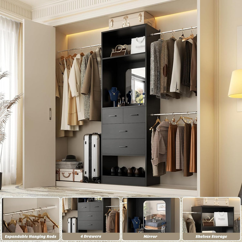 Unikito 8FT Closet System with Mirror and 3 Extendable Hanging Rods, Black