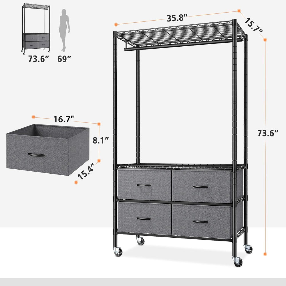 Raybee Rolling Clothes Rack, Portable Closet for Bedroom,Dorm, 4 Drawers