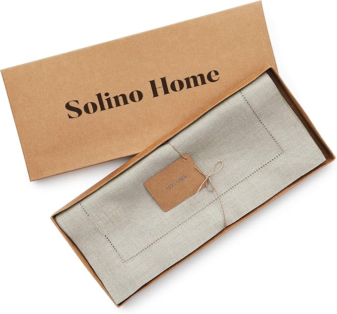 Solino Home Linen Natural Table Runner 60 Inches - Classic Hemstitch, 100% Pu...