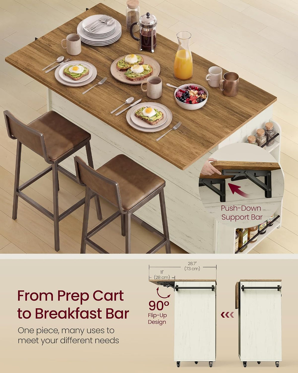 VASAGLE Mobile Kitchen Island with Trash Can Storage, Drop Leaf