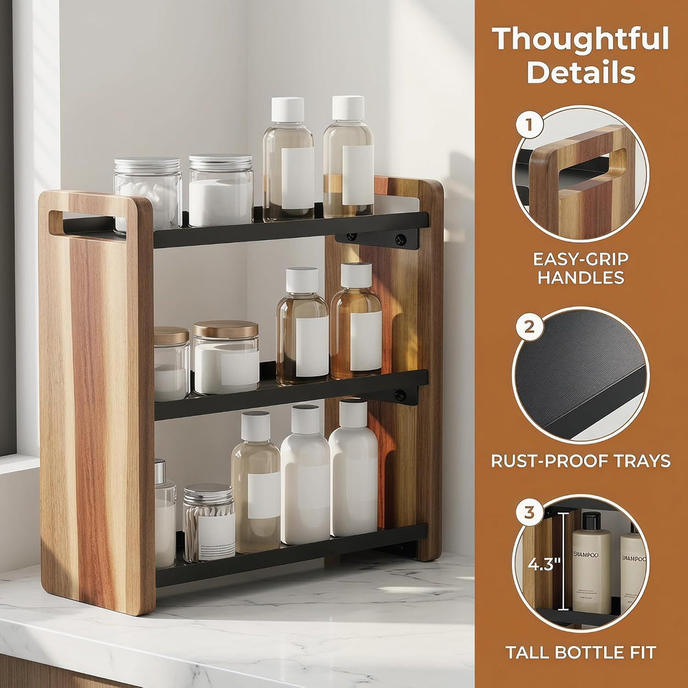 Narrow Solid Wood Bathroom Counter Organizer, Space-Saving Bathroom Storage R...