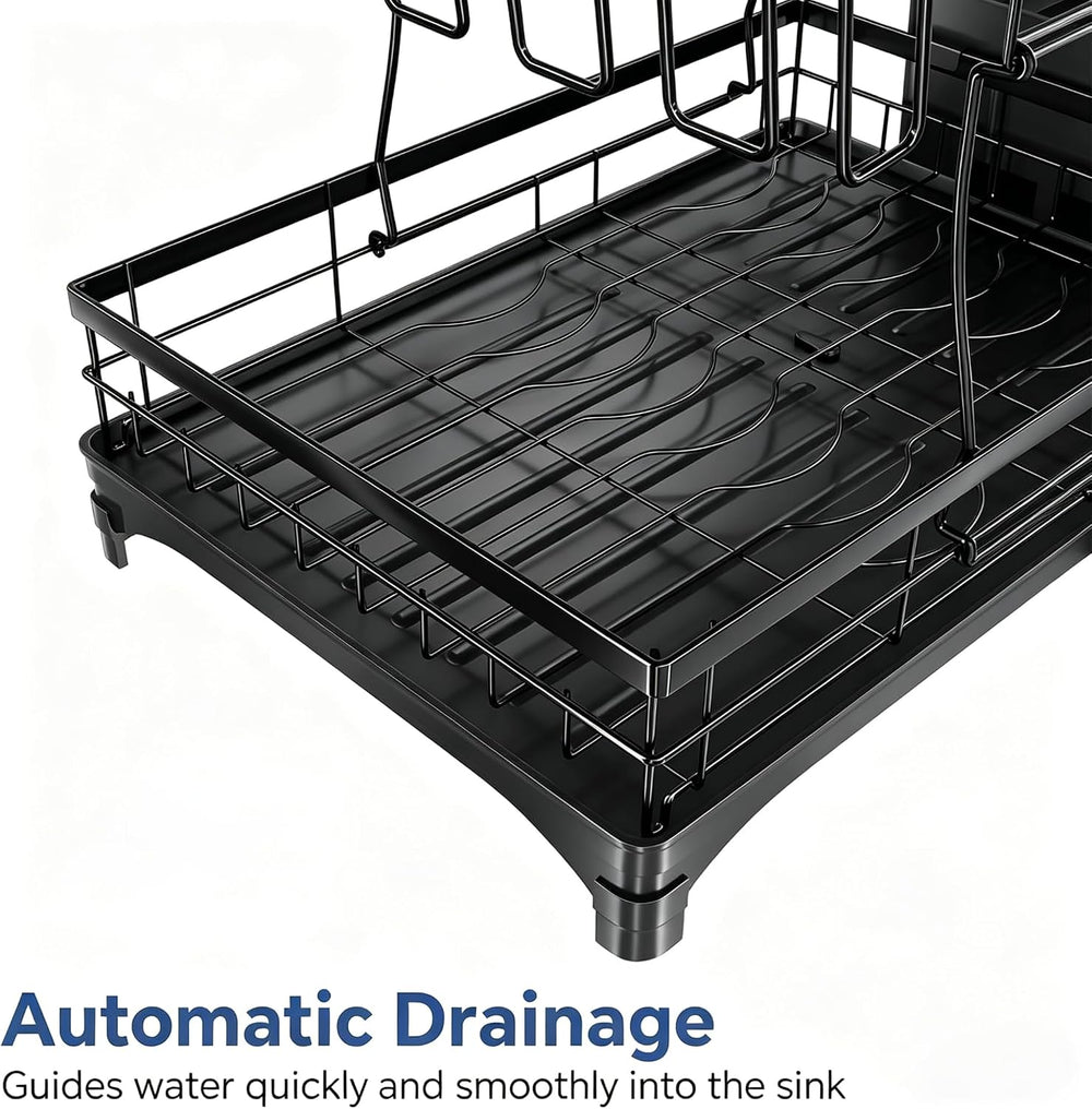 Simple Trending Dish Drying Rack, 2-Tier with Utensil Holder, Black