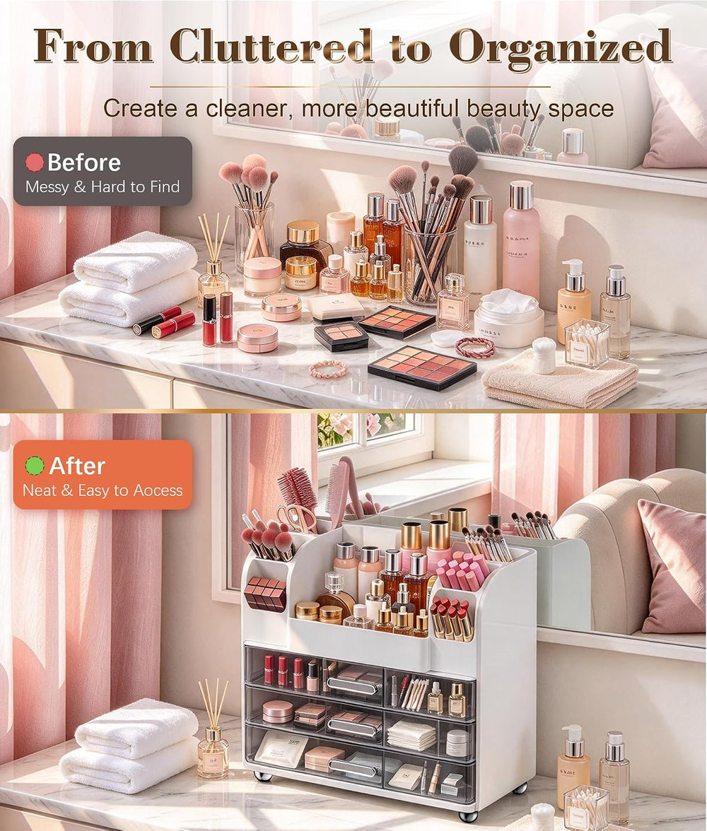 Hanyi Makeup Organizer for Vanity, 3 Clear Drawers, 6 Brush Holders, White
