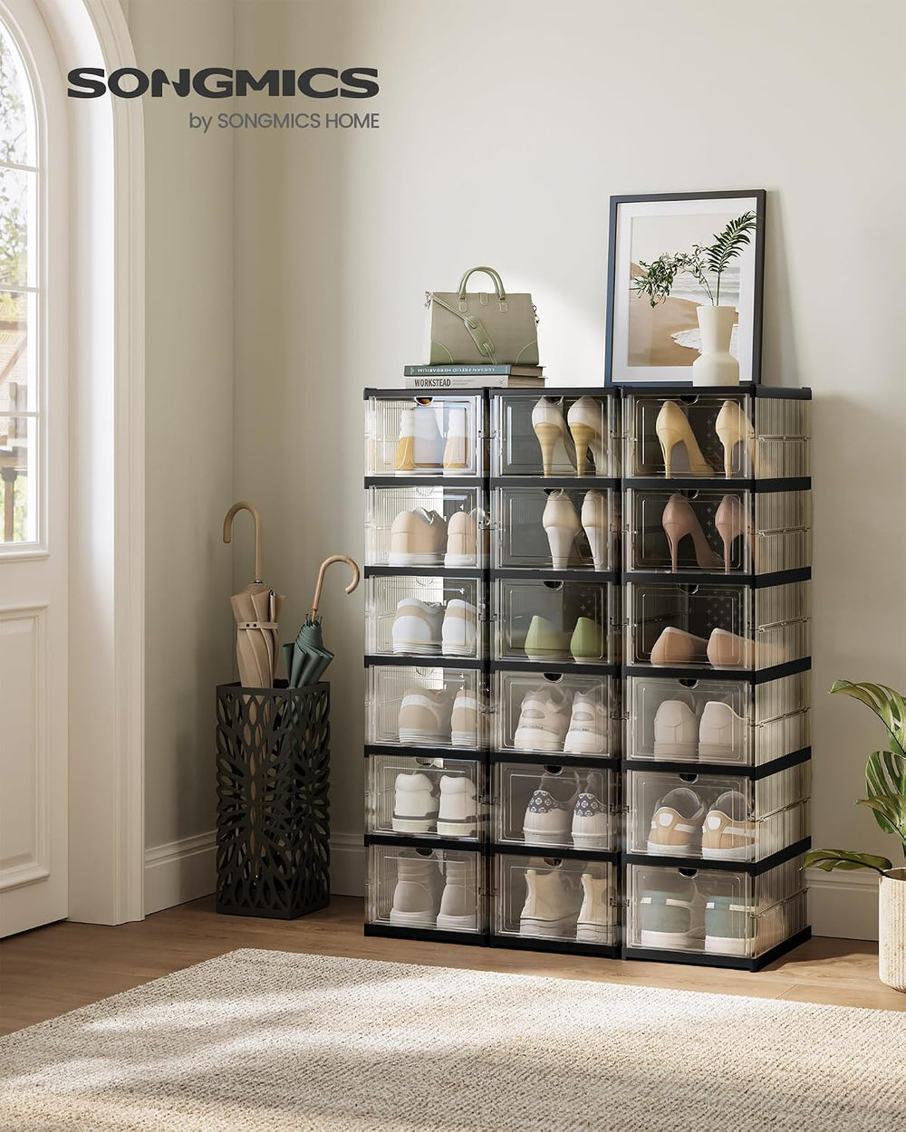 SONGMICS Foldable Shoe Boxes, 6-Tier for 18 Pack, Fit up to US size 13