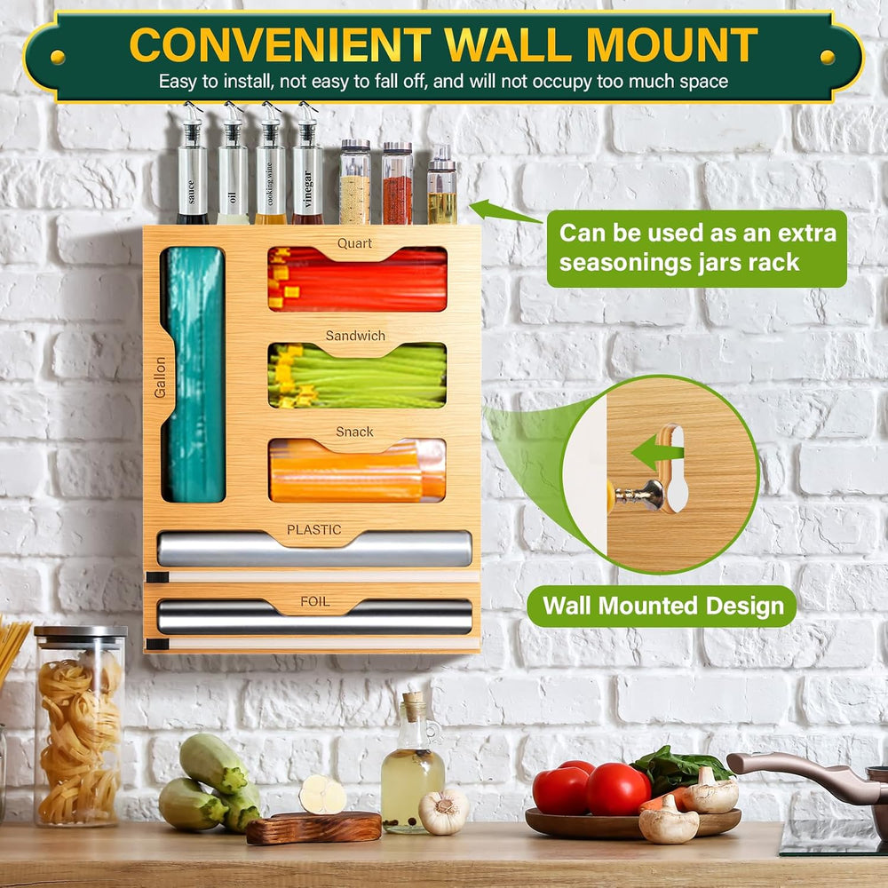 KOCWELL Bag Organizer and Plastic Wrap Dispenser with Cutter, 6 In 1 Bamboo F...