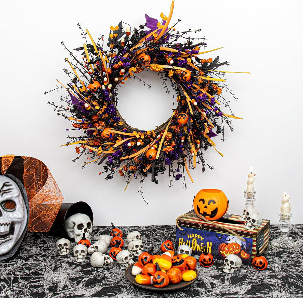 J'FLORU Black Halloween Wreath 22 Inch Artificial Halloween Wreaths for F...