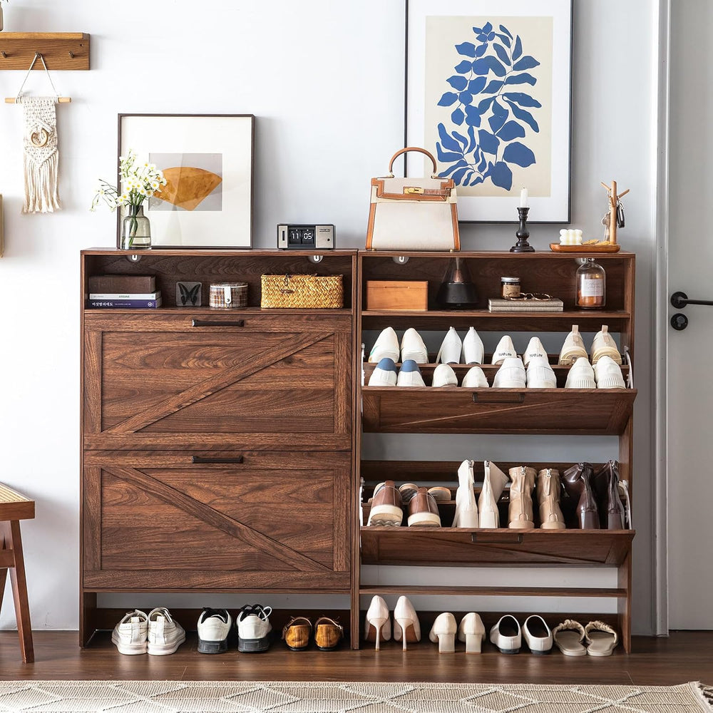RWYHG Shoe Cabinet with 2 Flip Drawers, Narrow Entryway Organizer,Walnut