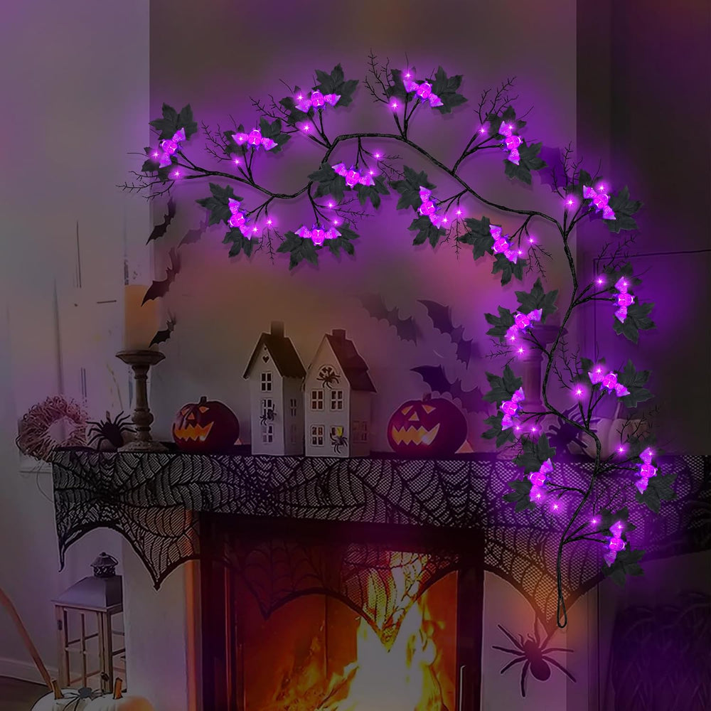 9FT 72 LED Halloween Willow Vine Twig Decor Black Halloween Garland with Bat ...