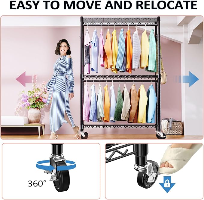 IZEUK 3 Tier Heavy Duty Rolling Garment Rack Wire Clothes Rack