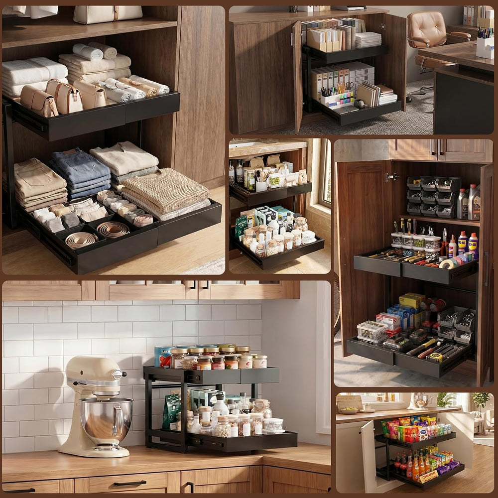 2-Tier Expandable Pullout Cabinet Organizer,Adjustable Width Metal Shelves