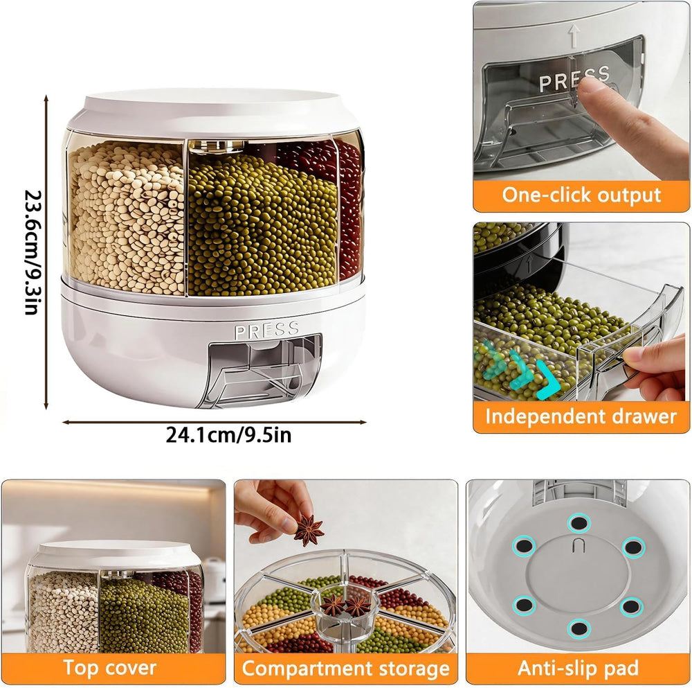 Rotating Grain Storage Bin 6 Grids Rice Container One-Click Output Large Capa...
