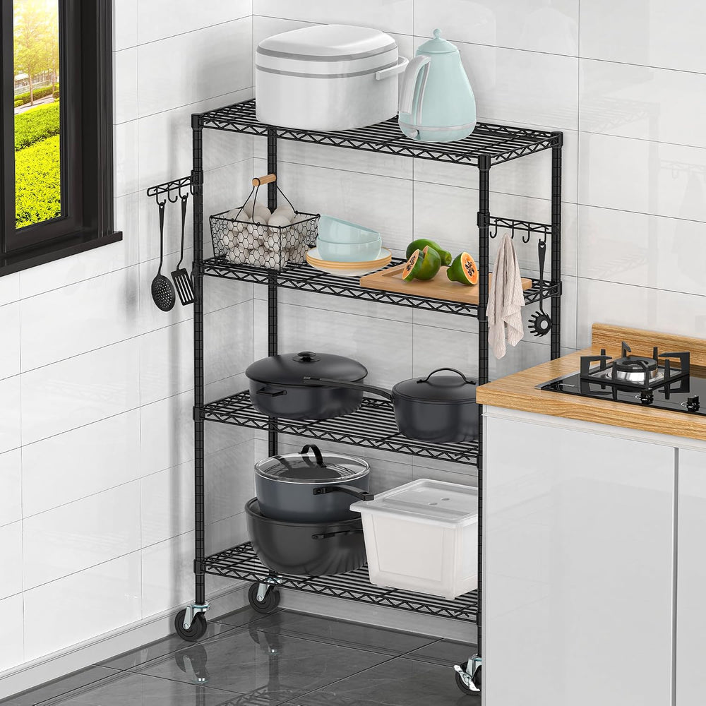 Folews 4-Tier Shelving Unit with Wheels, Metal Rolling Storage Shelves