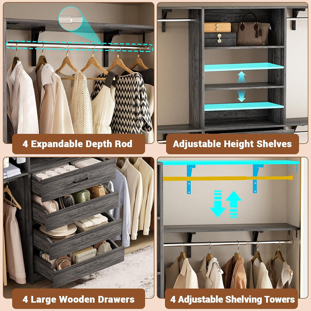 Aheaplus Closet System with 4 Drawers, 8FT Wood Closet Organizer System