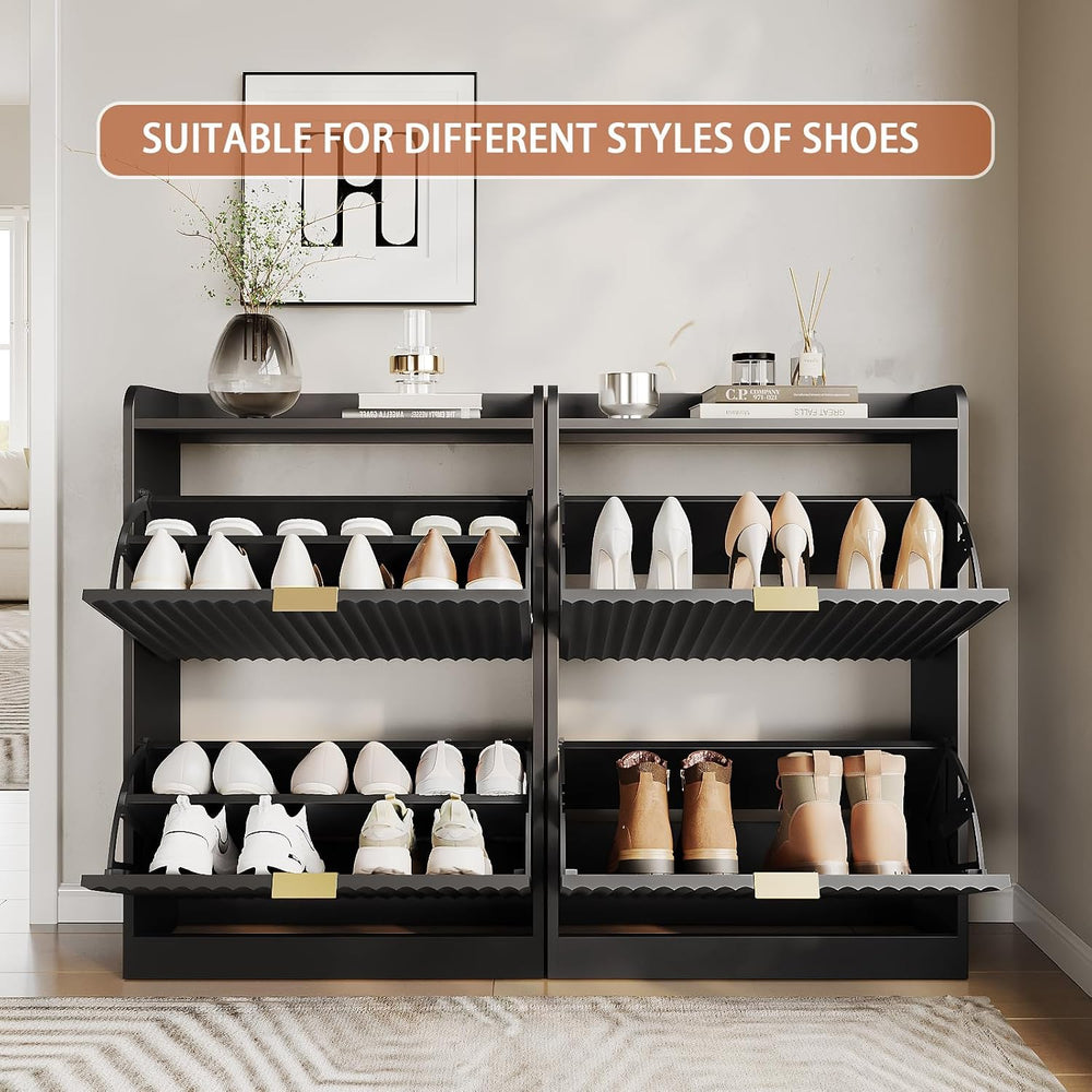 Black Fluted Shoe Cabinet, Narrow Entryway Storage Rack Organizer
