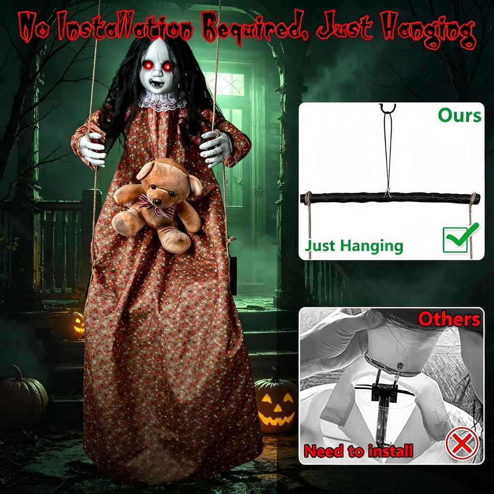 Scary Halloween Decorations Outdoor 45" Hanging Swinging Doll Creepy Girl