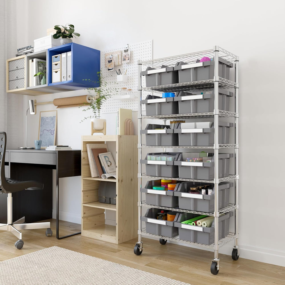 7-Tier NSF 12-Bin Steel Wire Shelving Rack, 25"W x 14"D x 56"H...
