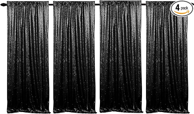 JYFLZQ Black Sequin Backdrop Curtains 2ft x 8ft 4 Panels Glitter Photo Booth ...