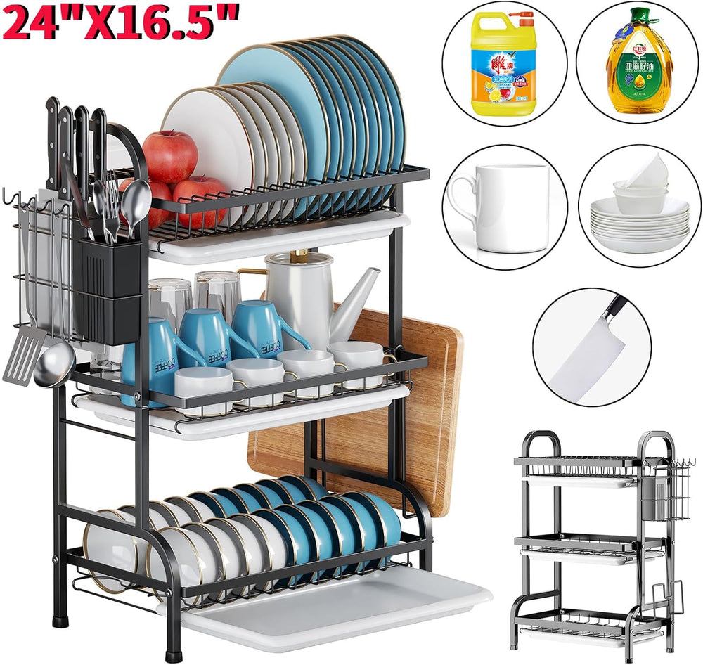 KUK 3 Tier Dish Drying Rack, Stainless Steel Over The Sink Dish with Drain Tr...
