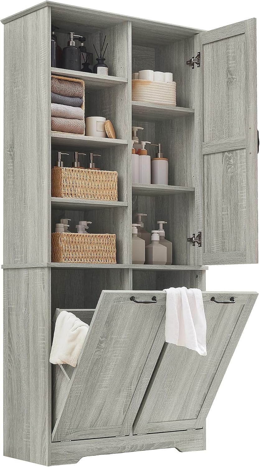 Merax Cabinet with Tilt-Out Laundry Hamper Basket, Tall Bathroom Storage Orga...