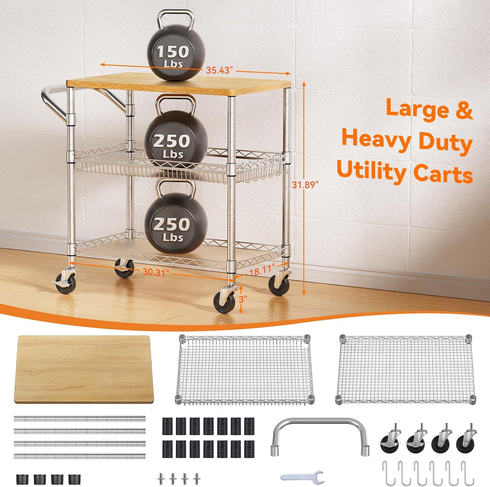 3 Tier Rolling Kitchen Carts on Wheels with Storage,650Lbs Heavy Duty Utility...