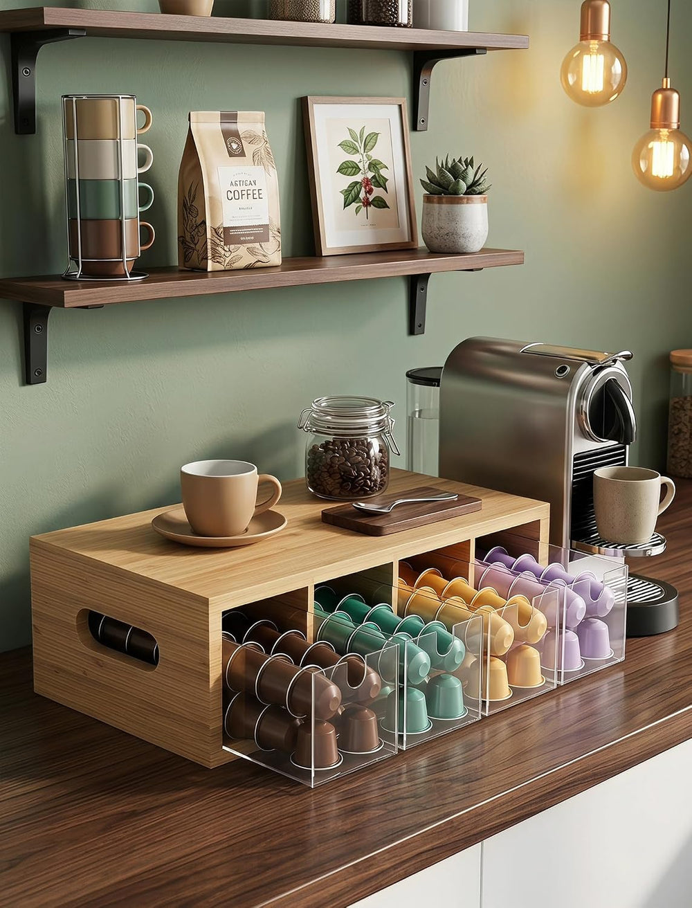 NiHome Bamboo Tea Bag Organizer with 4 Clear Acrylic Drawers and Top Tray