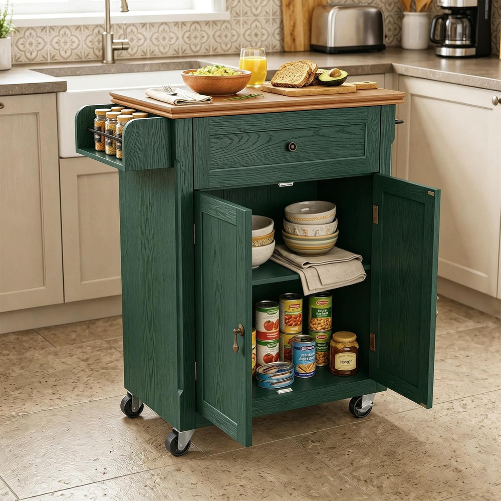 26'' Small Kitchen Island, Vintage Wood Kitchen Cart on Wheels, Green