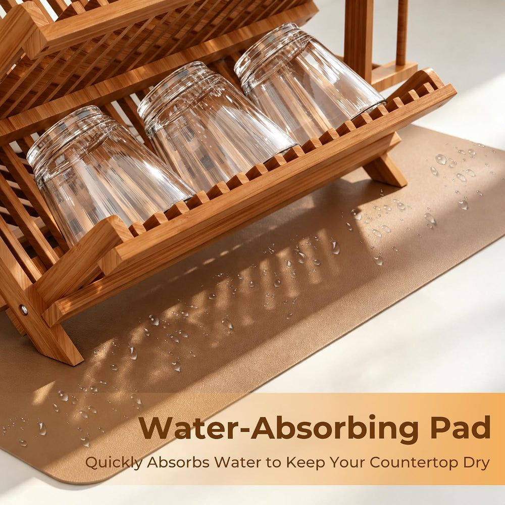 Teak Dish Drying Rack with Utensil Holder 3 Tier Dish Drainer