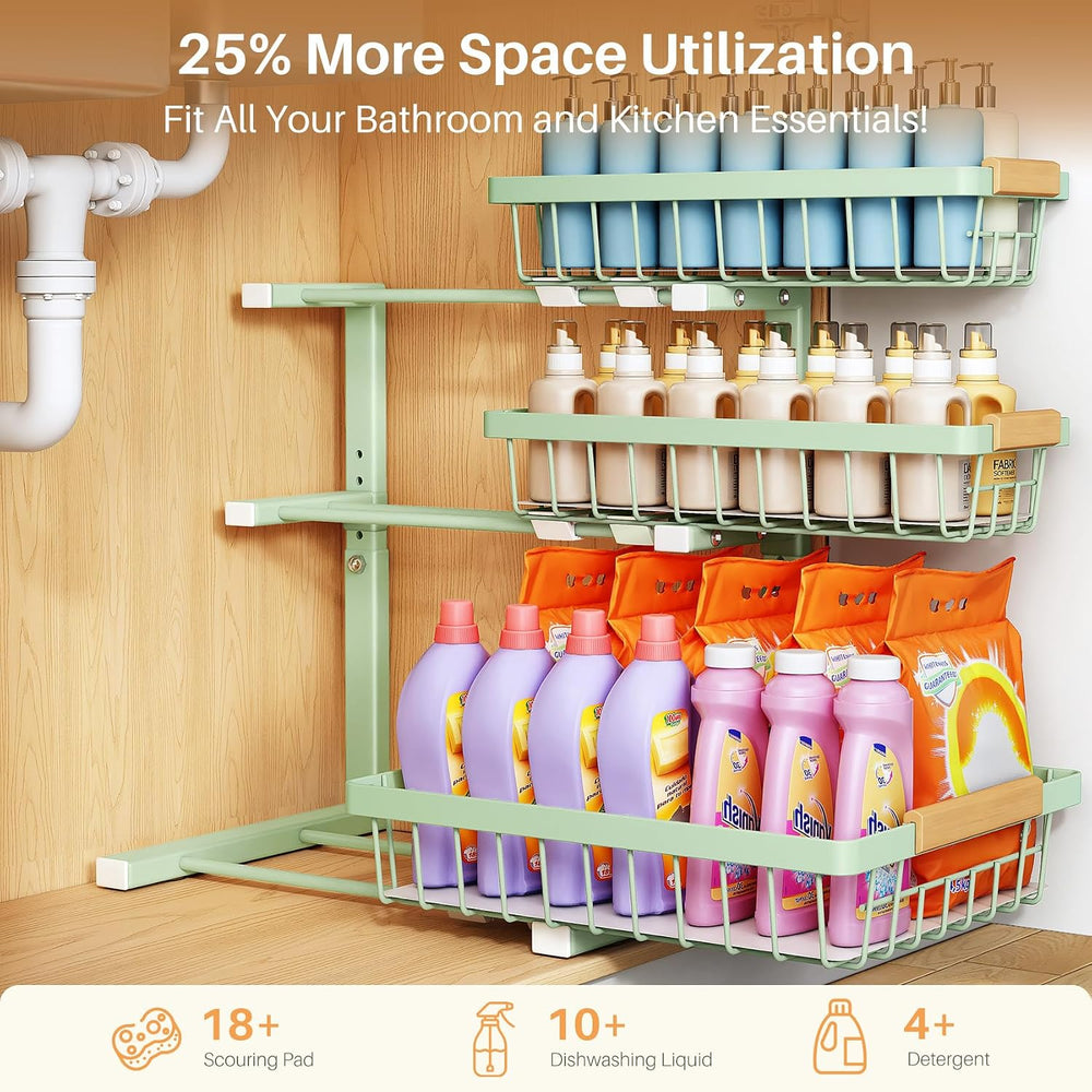 PXRACK Under Sink Organizer, 2-Pack 3-Tier Height Adjustable Thickened Metal ...
