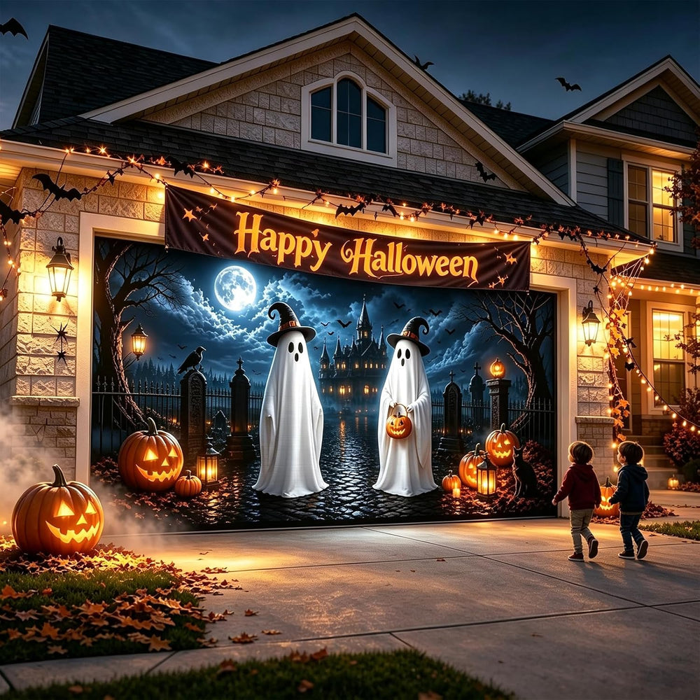 Halloween Garage Door Cover 16x7 FT, Ghost Halloween Garage Door Decoration