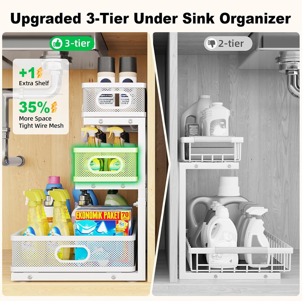 3 Tier White Under Sink Organizer,Kitchen Cabinet Storage Organizer(2 pack)