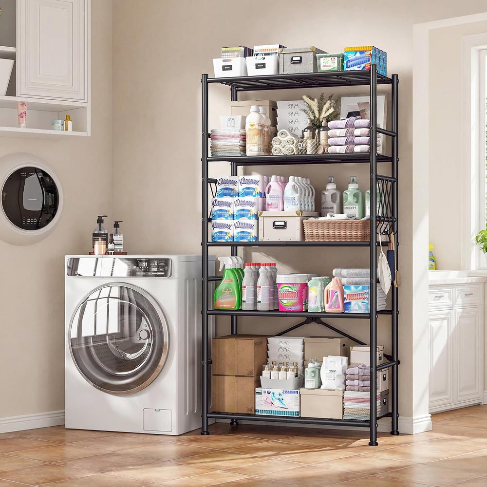 5-Storage Shelves Wire Shelving with Hooks, Metal Shelving Units Shelf Organi...