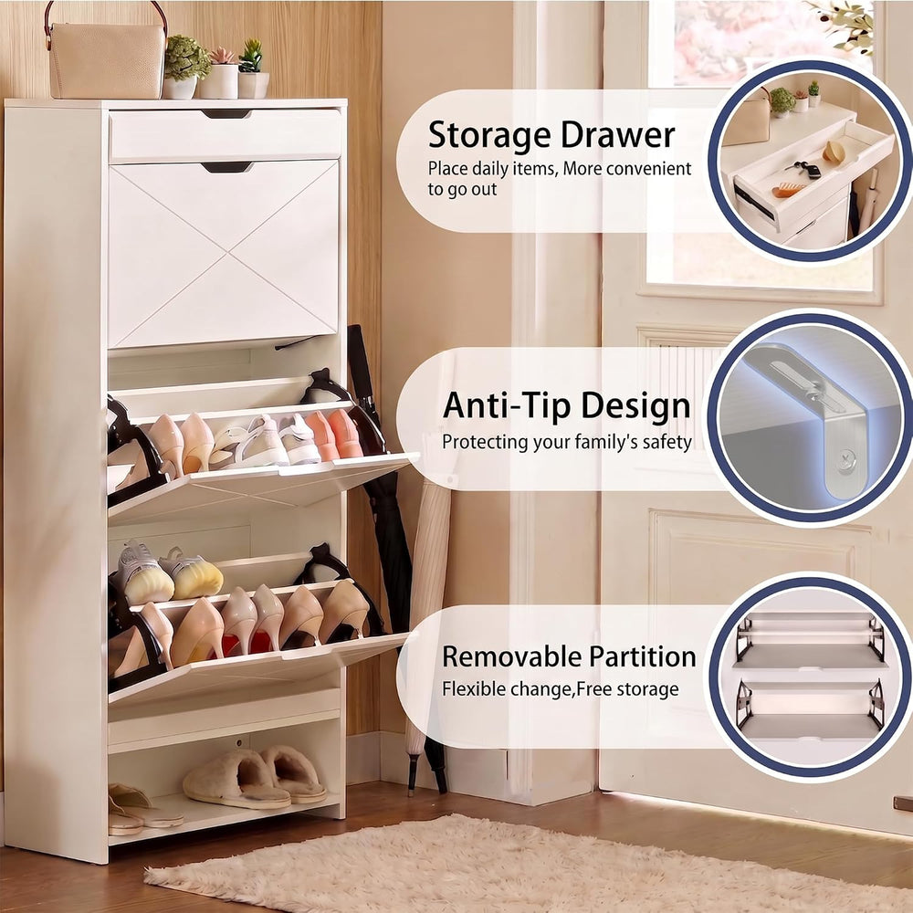 Slim White Shoe Cabinet with 3 Flip Drawers & X-Design for Entryway (21 P...
