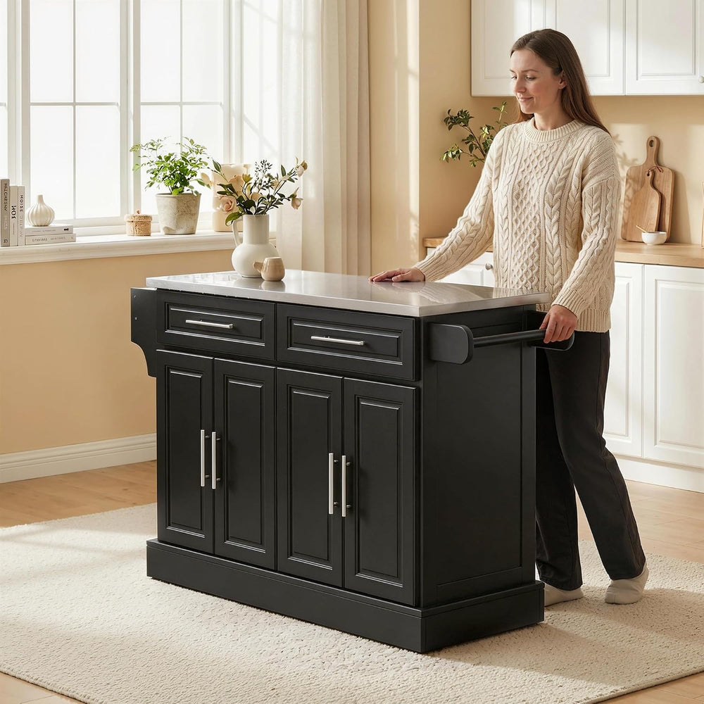 HOMCOM Rolling Kitchen Island Cart with 47" Stainless Steel Top Black