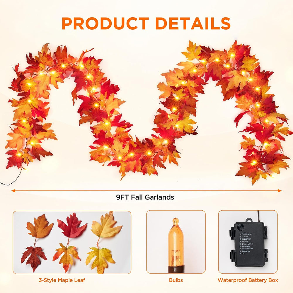 Fall Decorations for Home 18 FT Pre-lit Fall Garland with 100 LED Orange Ligh...