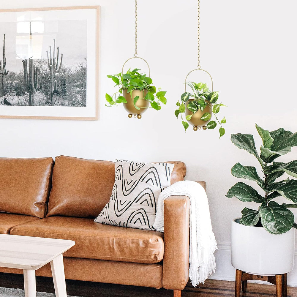 Boho Gold Metal Hanging Planters, Set of 2 with Hooks & Chains - Versatil...