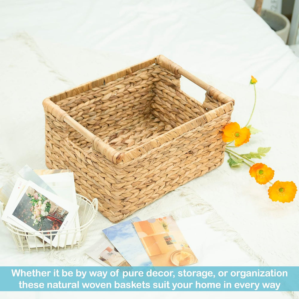VATIMA Large Rectangular Wicker Basket with Wooden Handles for Shelves and St...