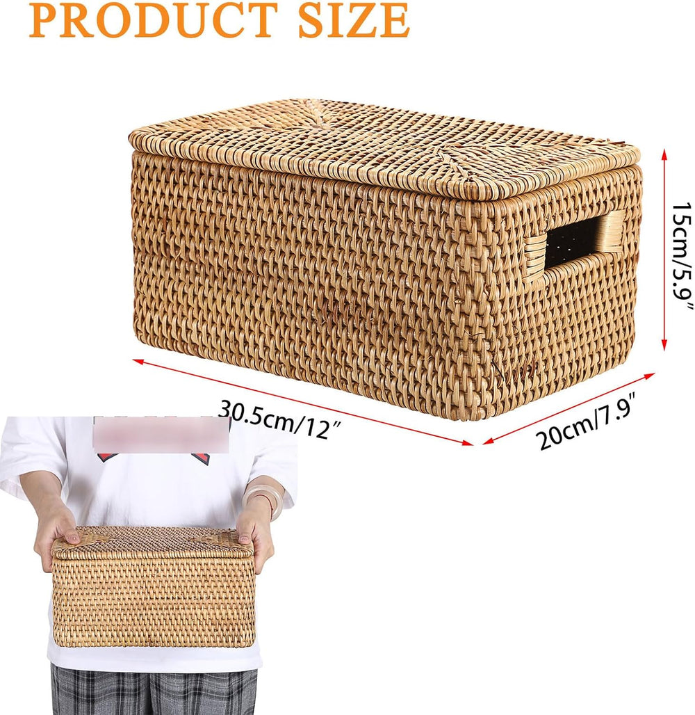 Hipiwe Rattan Basket with Lid Rectangular Lidded Wicker Storage Basket Bin