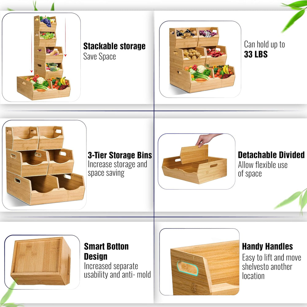 3-tier Stackable Bamboo Pantry Storage Bins, Potato & Onion Storage Baskets