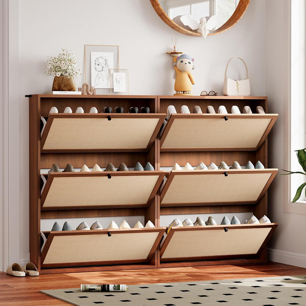 AVZEAR Narrow Shoe Storage Cabinet for Entryway with Natural Linen Panel, Fre...